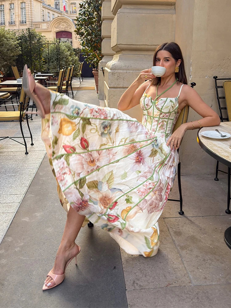 Robe Maxi Halter Corset Imprimé Floral 2026 — Sans Manches, Ligne A, Soirée Élégante