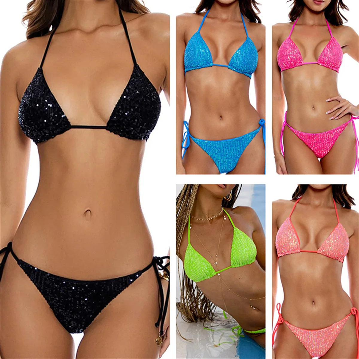 Bikini Paillettes Halter Sexy — Sequins Brillants, Maillot de Bain Femme Plage