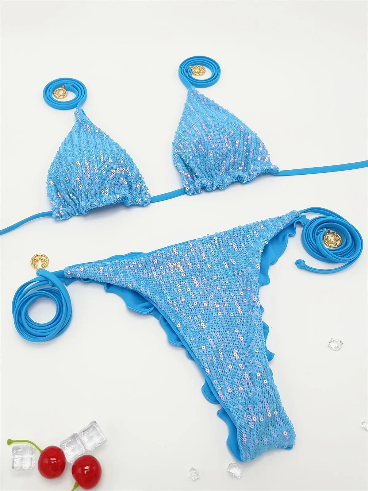 Bikini Paillettes Halter Sexy — Sequins Brillants, Maillot de Bain Femme Plage