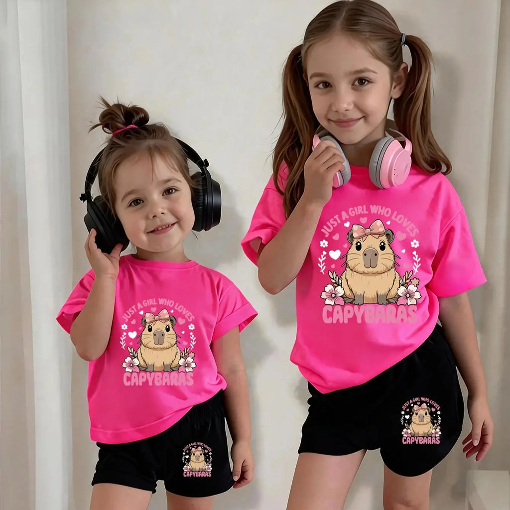 Ensemble 2 pièces filles – T-shirt col rond imprimé capybara nœud & short décontracté, 4-12 ans