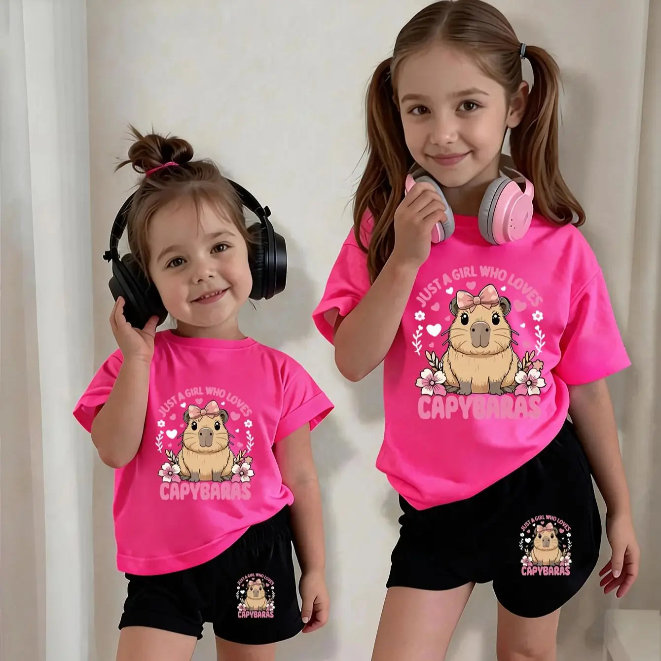 Ensemble 2 pièces filles – T-shirt col rond imprimé capybara nœud & short décontracté, 4-12 ans