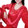 Pyjama Femme Soyeux Manches Longues 2025 — Col V, Dentelle Grande Taille, Lounge