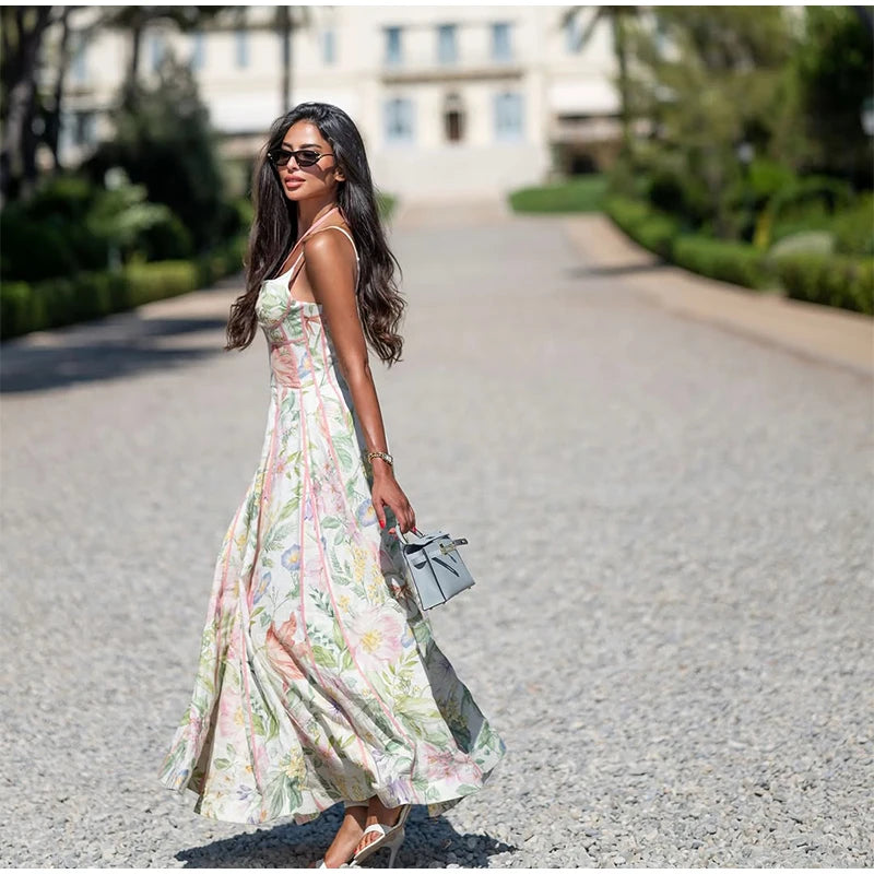 Robe Maxi Halter Corset Imprimé Floral 2026 — Sans Manches, Ligne A, Soirée Élégante