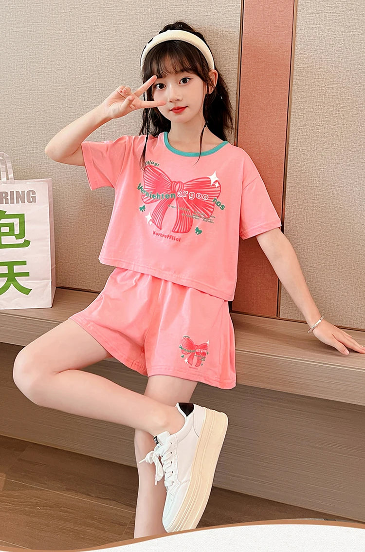 Ensemble 2 pièces filles – T-shirt imprimé nœud manches courtes & short sport, tenue été 2025
