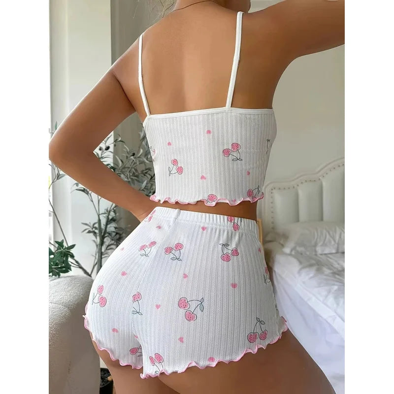 Pyjama Femme Été Imprimé Cœur — Top Cami Dos Nu & Short, Sexy Lounge