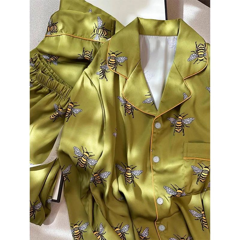 Pyjama Femme 2 Pièces Satin Imprimé — Manches Longues, Poche, Printemps-Automne
