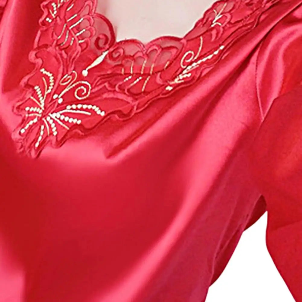 Pyjama Femme Soyeux Manches Longues 2025 — Col V, Dentelle Grande Taille, Lounge