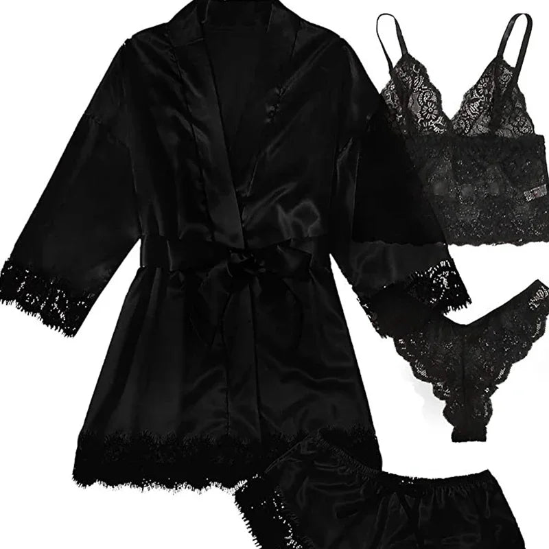 Ensemble Lingerie Femme 4 Pièces Dentelle — Nuisette, Short, Robe de Chambre, Sexy