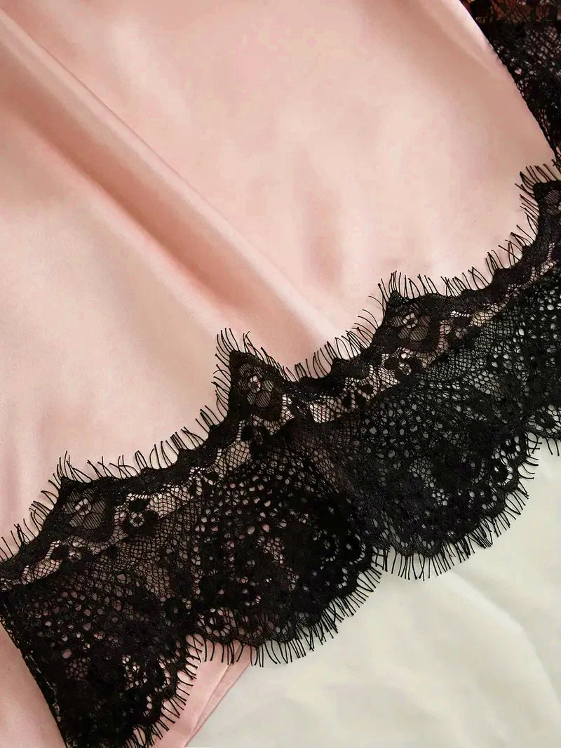 Pyjama Femme Satin Rose Lingerie — Robe de Bain Dentelle, Nuisette & Pantalon