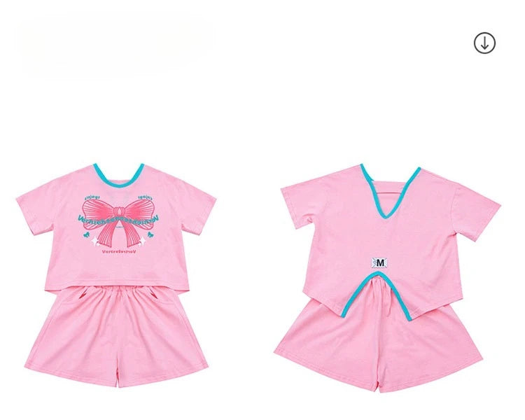 Ensemble 2 pièces filles – T-shirt imprimé nœud manches courtes & short sport, tenue été 2025