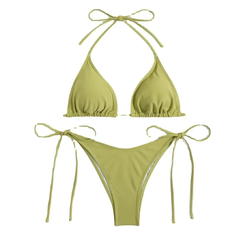 Bikini Femme Uni Tanga Halter — Ajustable, Style Brésilien, Maillot de Bain Plage