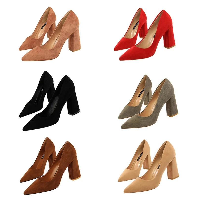 Escarpins Suède Talon Bloc 8.5cm Femme — Rouge Kaki, Soirée Danse Nightclub