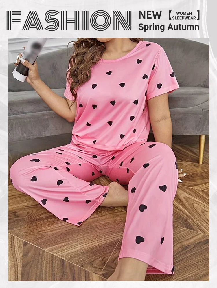 Pyjama Femme Grande Taille Imprimé Cœur — 2 Pièces Manches Courtes & Pantalon, Doux