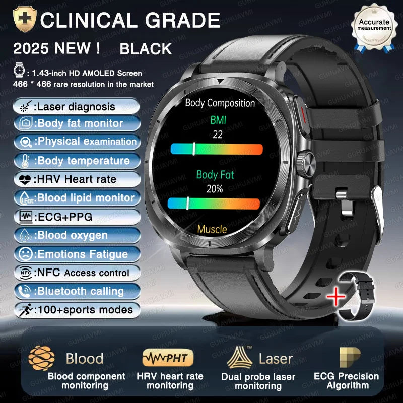 ساعة ذكية صحية بالليزر ECG 2025 — ضغط الدم، حمض اليوريك، NFC، مكالمات
