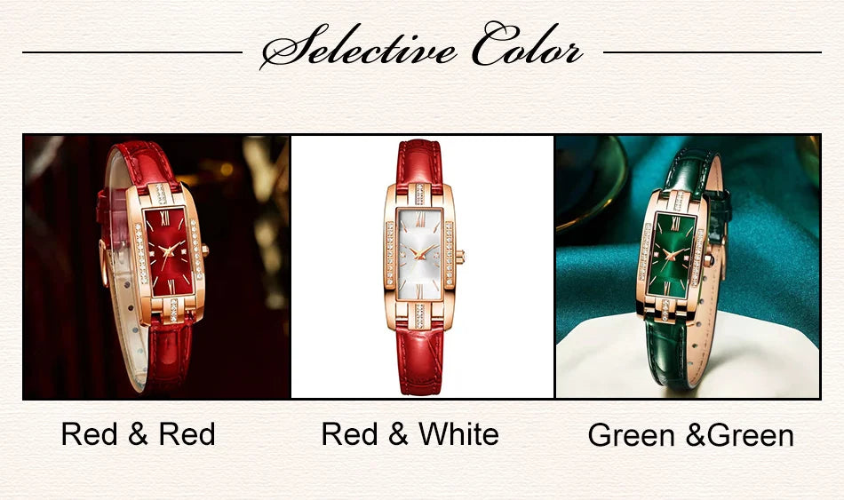 Montre Femme Carrée Quartz — Bracelet Cuir Vert, Cadran Simple, Luxe Fashion