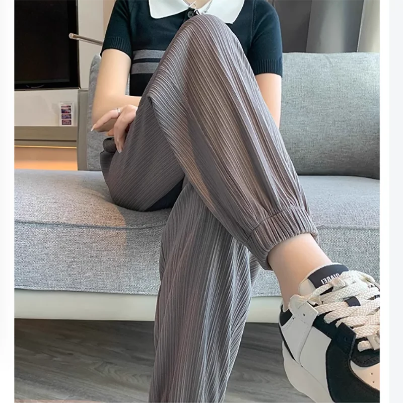 Pantalon Femme Soie Glacée Casual — Taille Élastique Couleur Unie