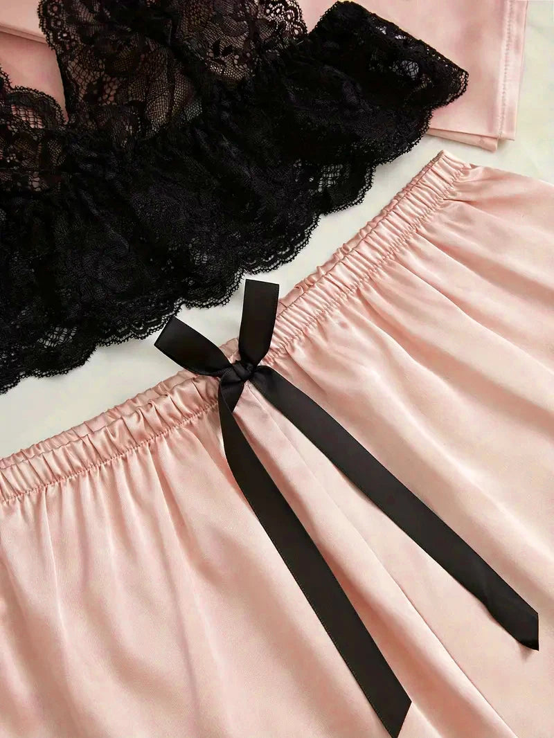 Pyjama Femme Satin Rose Lingerie — Robe de Bain Dentelle, Nuisette & Pantalon
