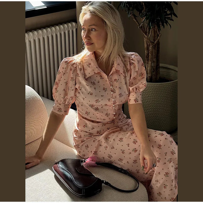 Robe Midi Imprimée Col V Profond — Manches Bouffantes, Taille Haute, Soirée 2026