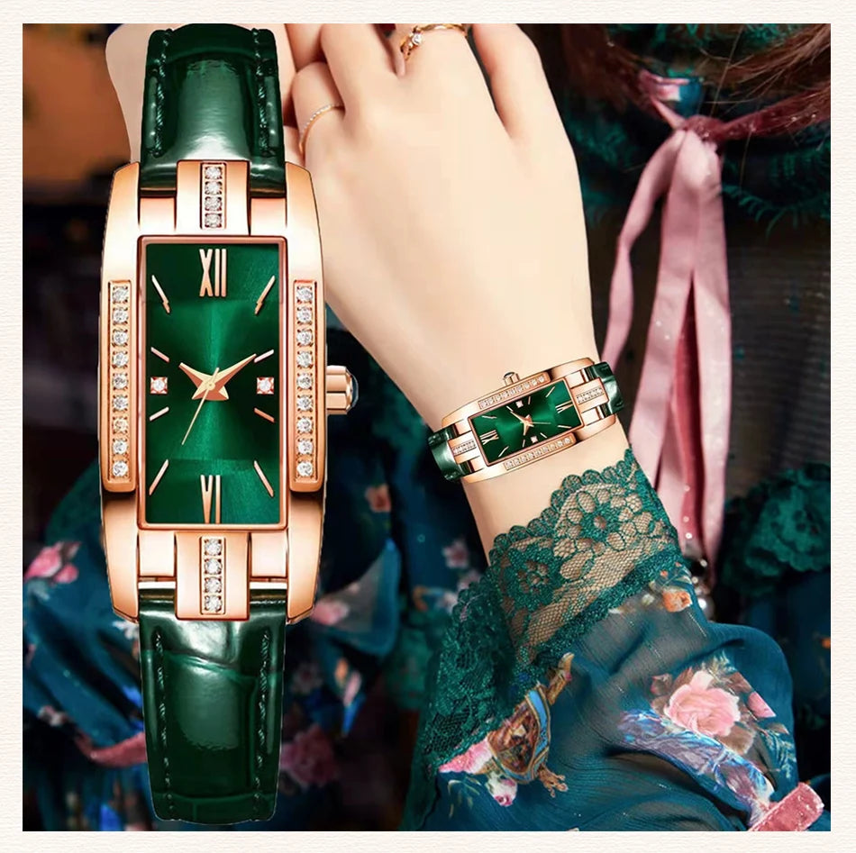 Montre Femme Carrée Quartz — Bracelet Cuir Vert, Cadran Simple, Luxe Fashion