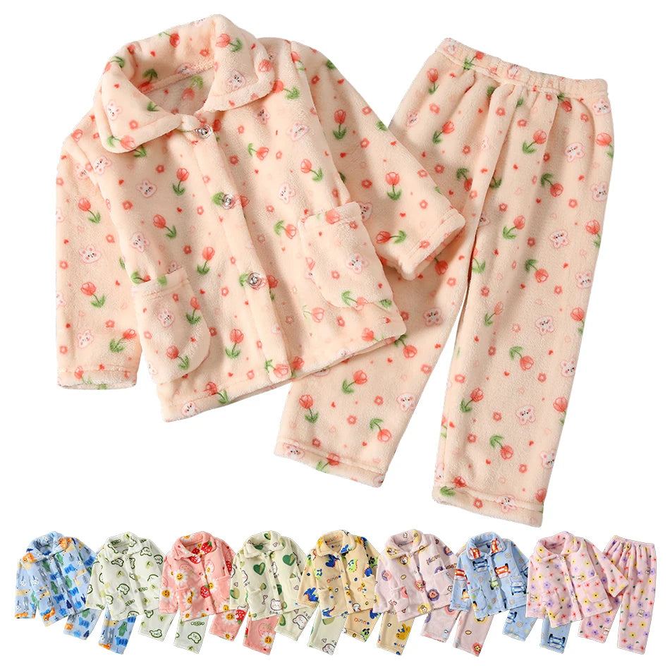 Pyjama Enfant Polaire Cartoon — Manches Longues, Chaud Hiver, Garçon & Fille