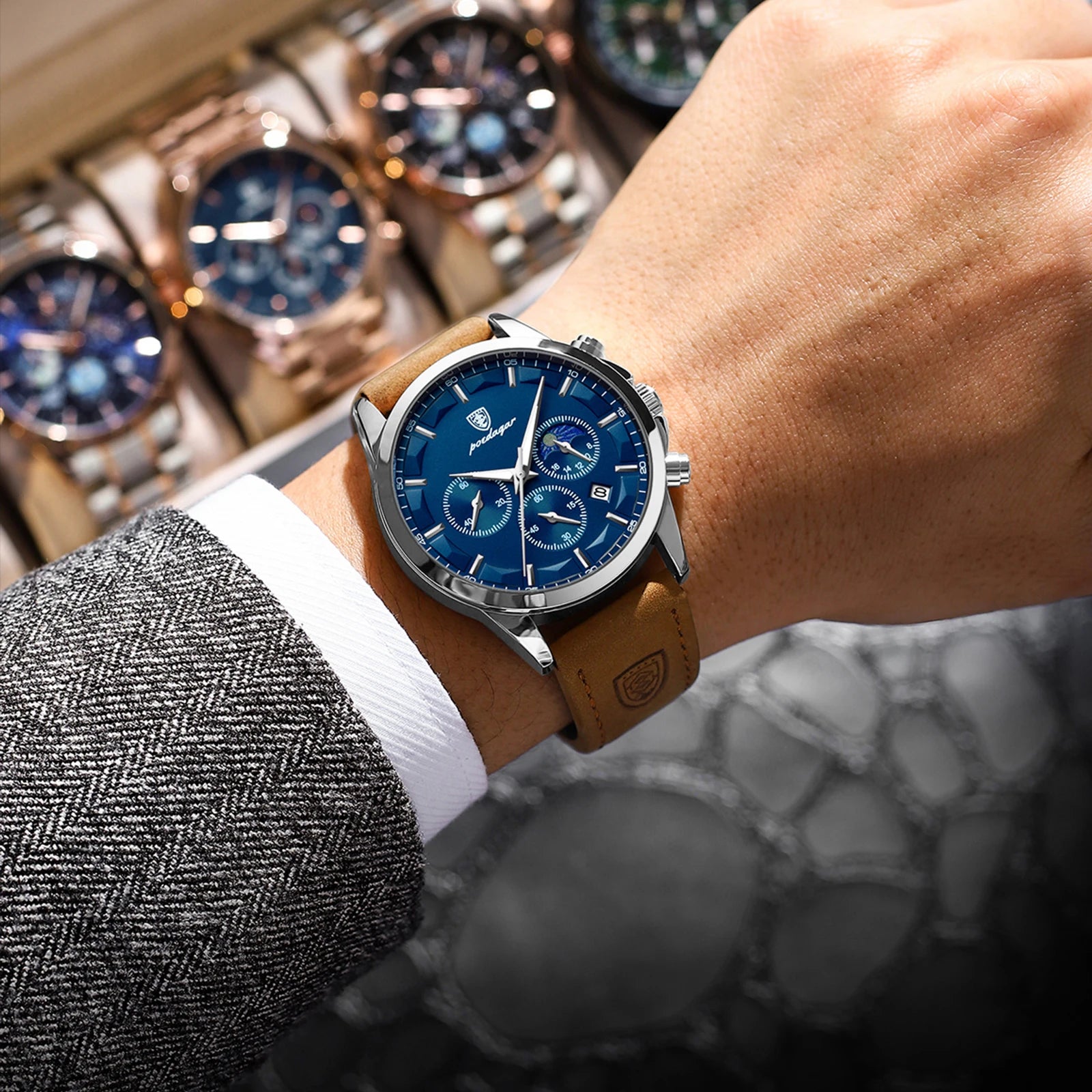 POEDAGAR Montre Homme Luxe Chronographe Cuir — Étanche, Lumineuse, Date, Sport Militaire