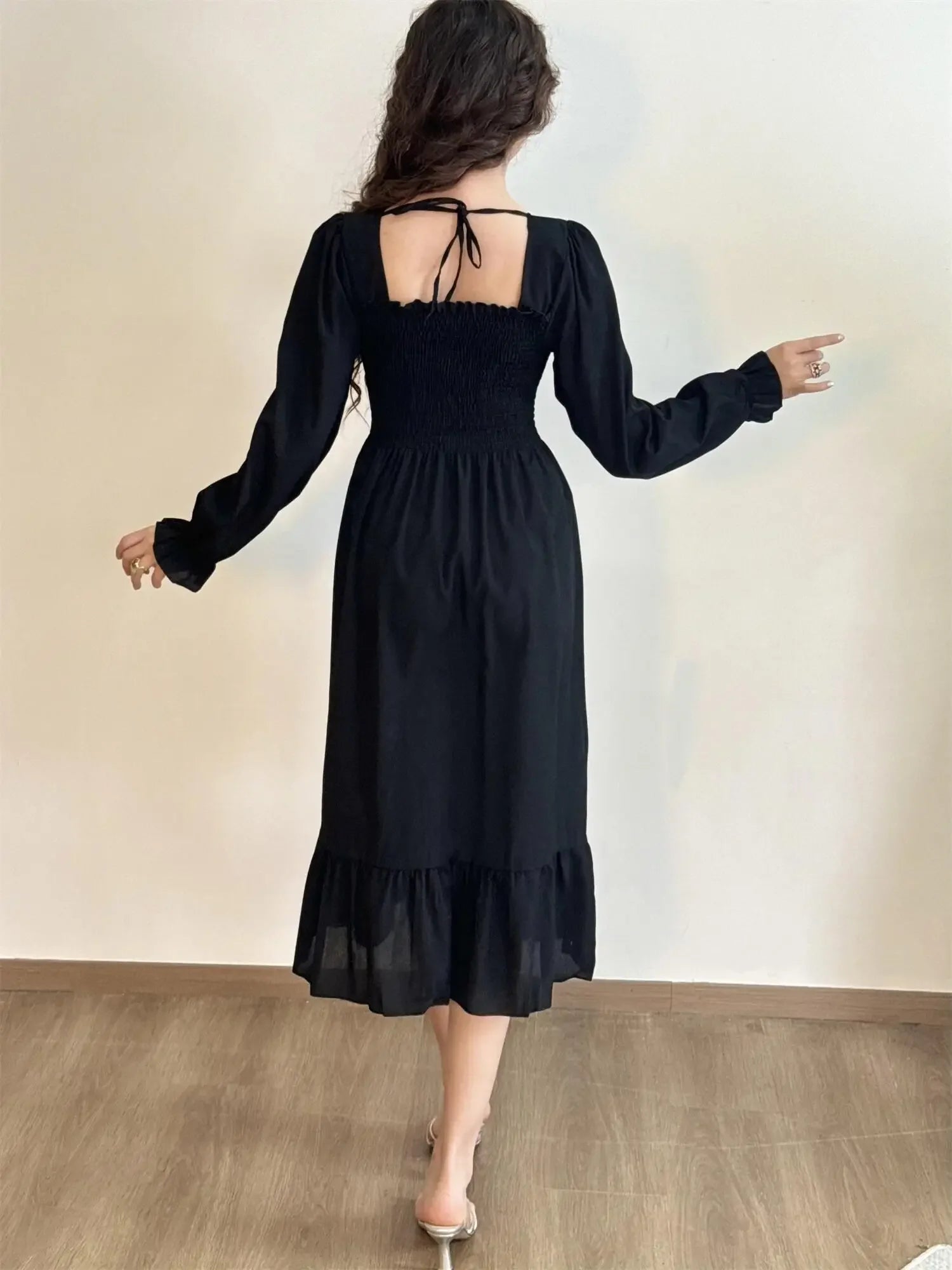Robe Midi Femme Mousseline Manches Longues — Imprimé Floral Laçage