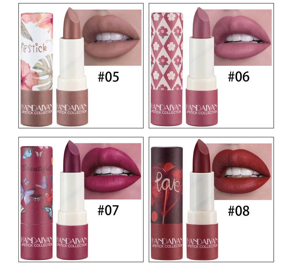 Rouge à Lèvres Mat Velours HANDAIYAN — 8 Couleurs, Waterproof, Longue Tenue