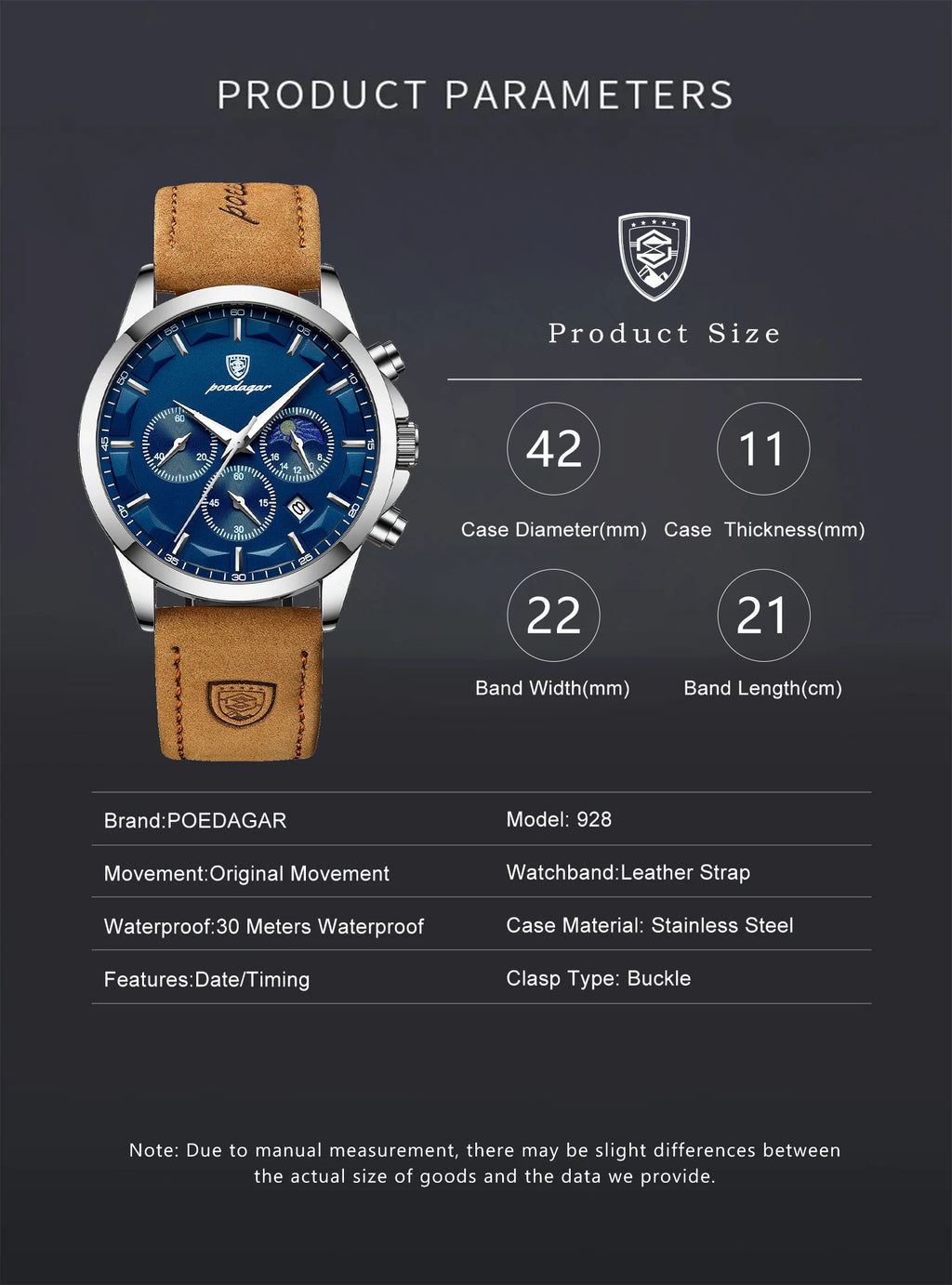 POEDAGAR Montre Homme Luxe Chronographe Cuir — Étanche, Lumineuse, Date, Sport Militaire