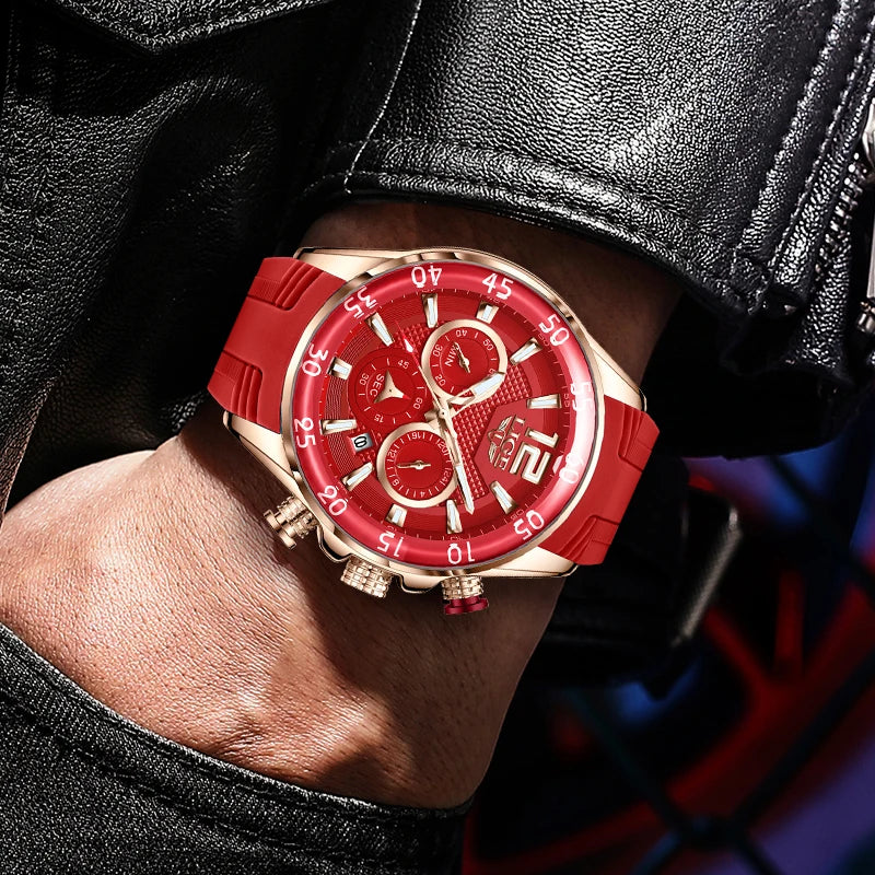 Montre Homme LIGE Sport Rouge Silicone — Étanche, Chronographe Quartz, Luxe