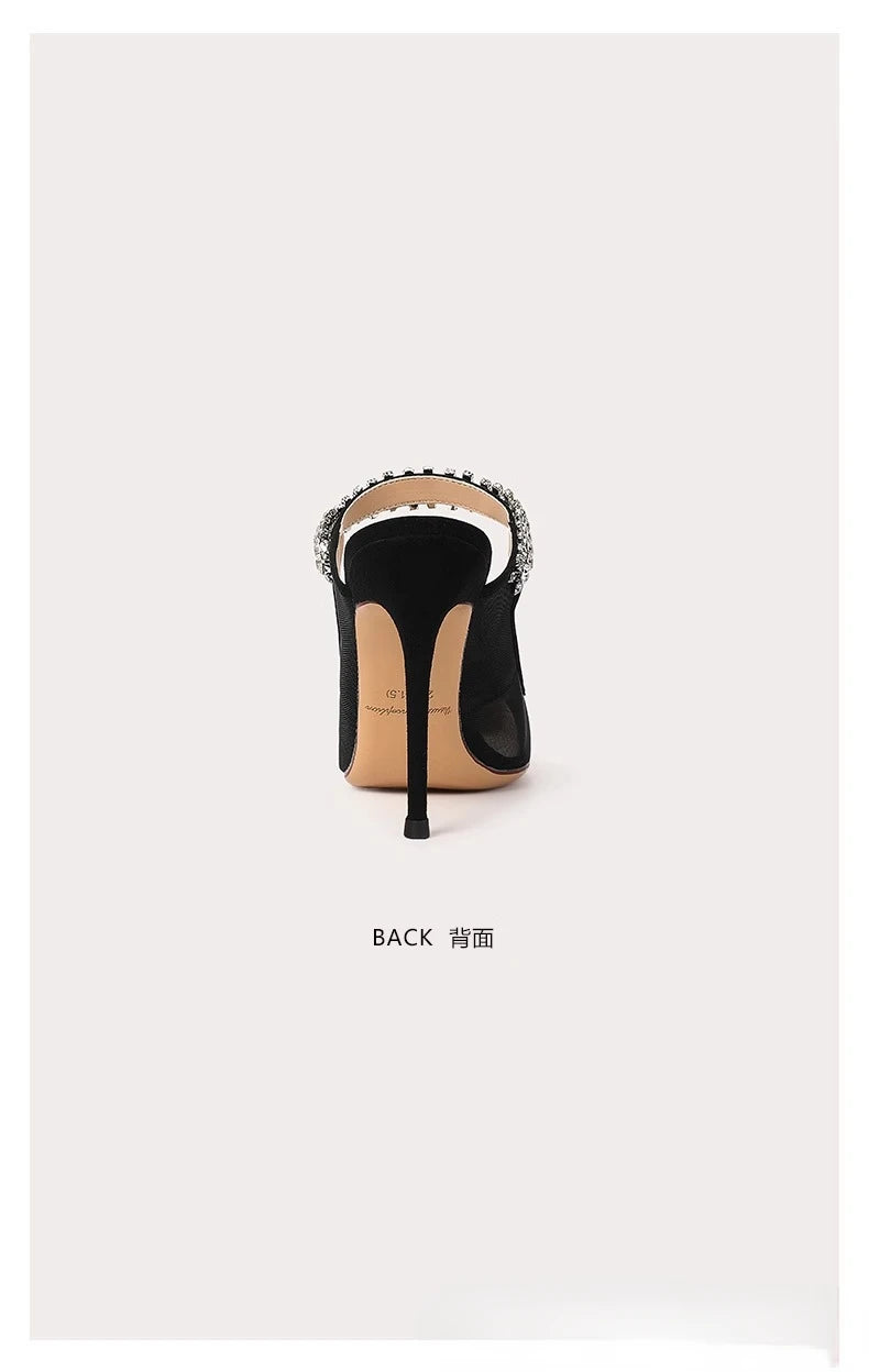 Mules Femme Diamant Filet Bout Fermé 2024 — Talon Fin, Noir, Été Sexy