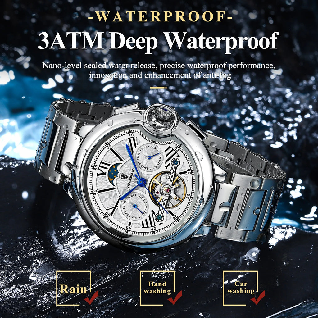 POEDAGAR Montre Automatique Homme Luxe — Tourbillon, Acier, Date & Semaine, Étanche