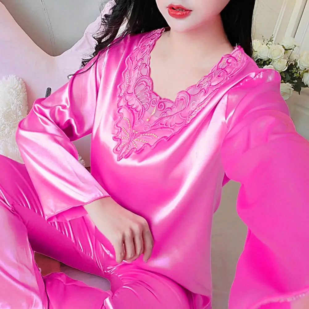 Pyjama Femme Soyeux Manches Longues 2025 — Col V, Dentelle Grande Taille, Lounge
