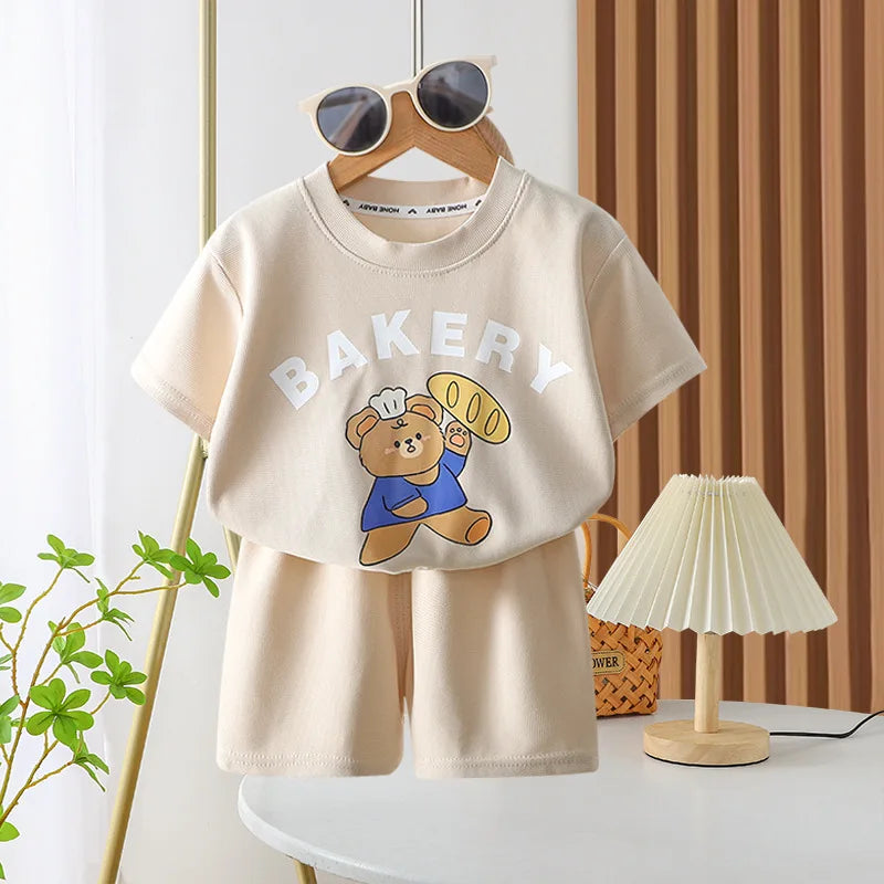 Ensemble 2 pièces enfant – T-shirt imprimé cartoon manches courtes & short, tenue décontractée 1-4 ans