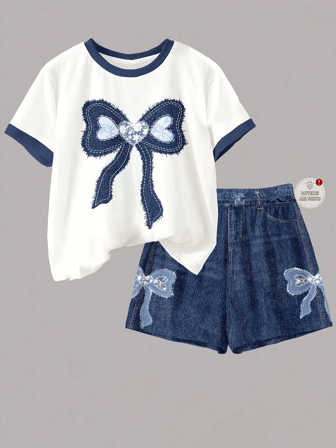 Ensemble 2 pièces filles – T-shirt imprimé nœud & short taille haute effet jean, 8-12 ans