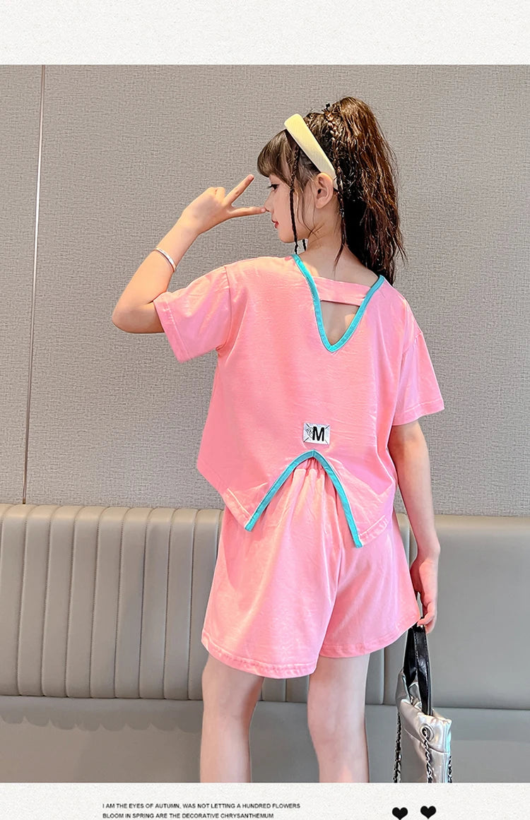 Ensemble 2 pièces filles – T-shirt imprimé nœud manches courtes & short sport, tenue été 2025