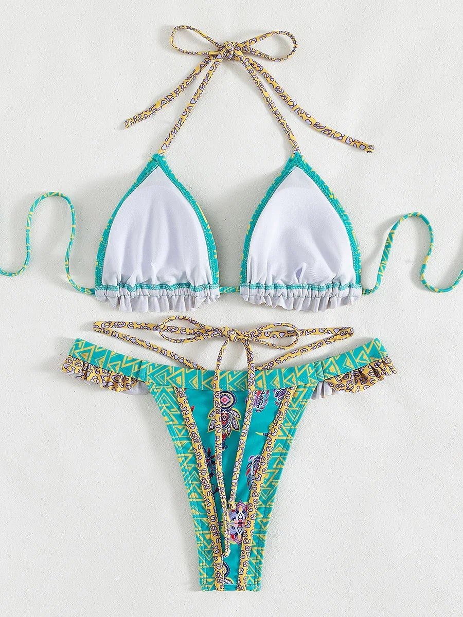Bikini Halter Floral Volanté Femme — 2 Pièces, Tanga, Maillot de Bain Plage