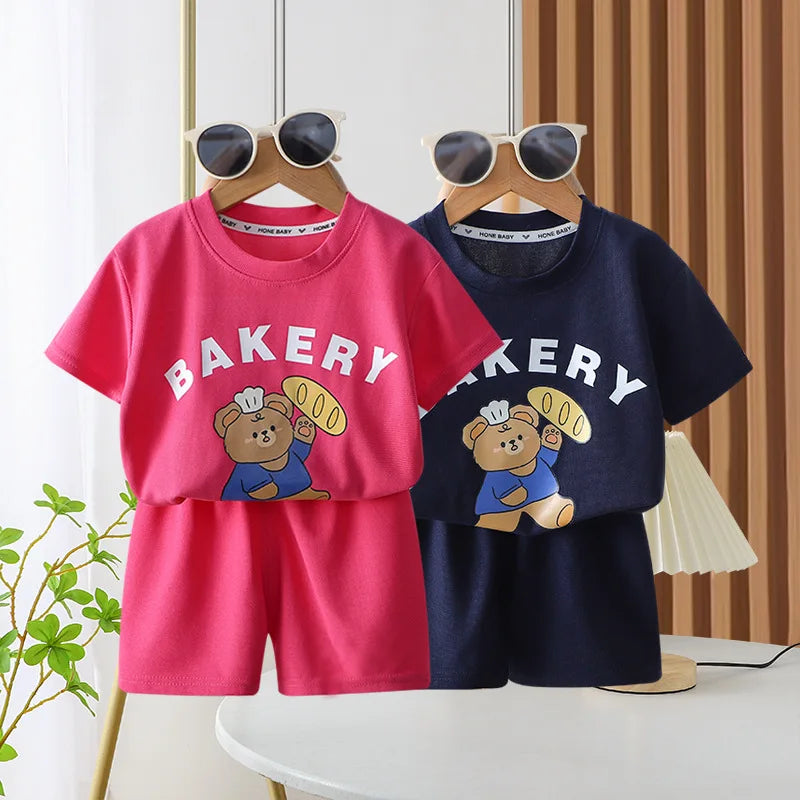 Ensemble 2 pièces enfant – T-shirt imprimé cartoon manches courtes & short, tenue décontractée 1-4 ans