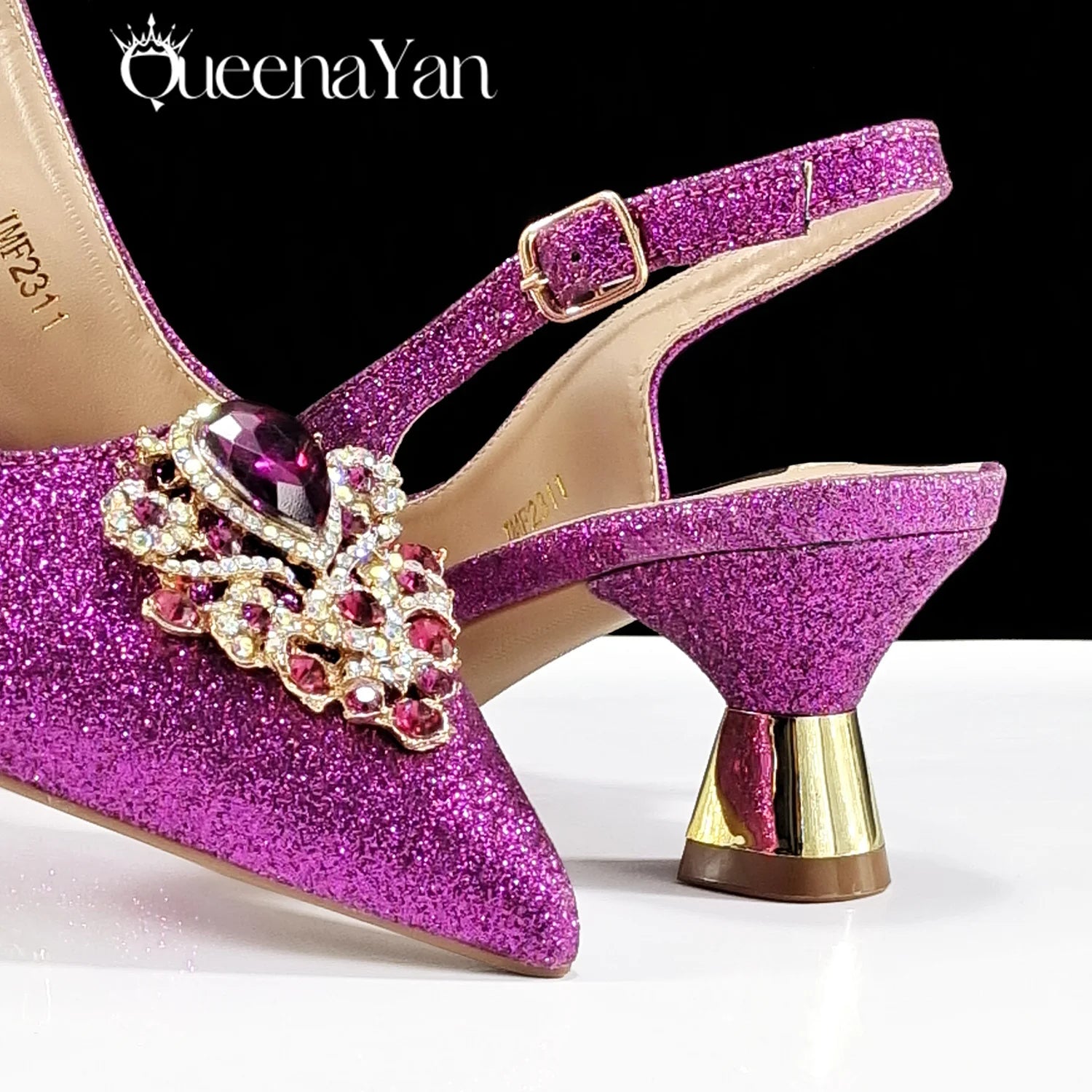 Ensemble Chaussures & Sac Femme Strass Magenta — Bout Pointu, Talon Haut, Mariage Soirée
