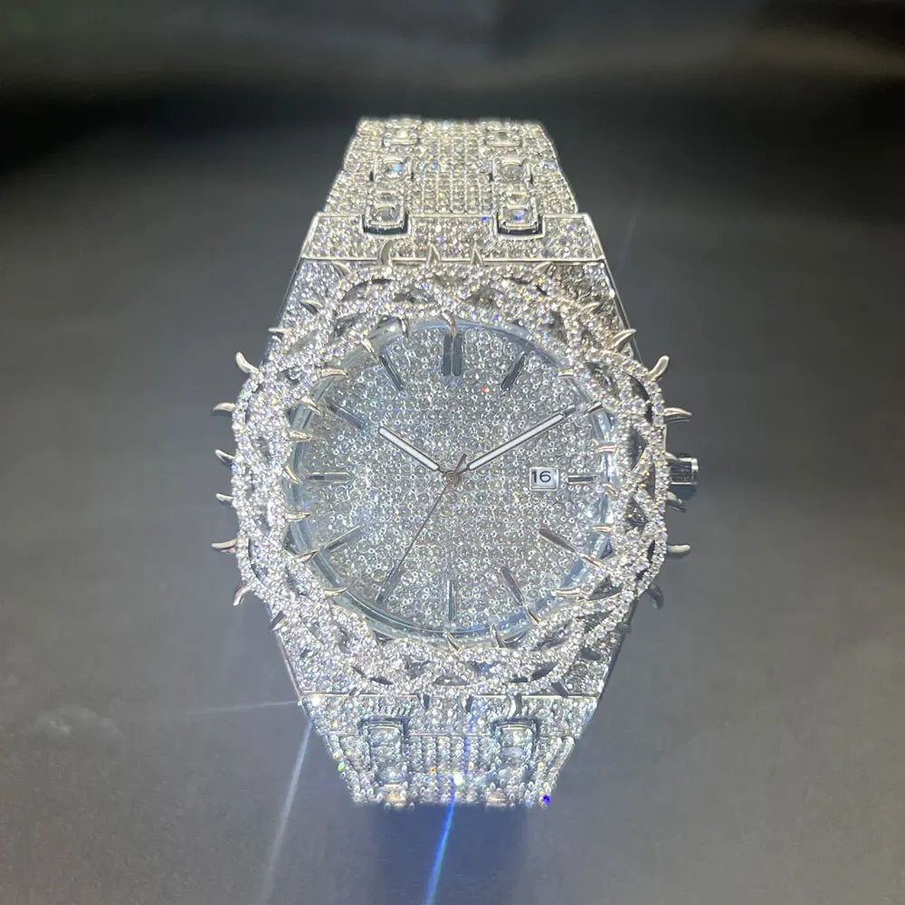 MISSFOX Montre Homme Noire Luxe — Couronne Diamant, Hip Hop, Quartz Glacé