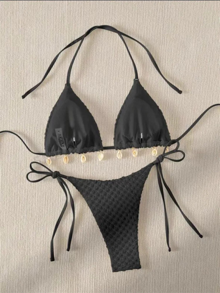 Bikini Coquillage Blanc Push Up 2025 — Halter Micro, Tanga, Maillot de Bain Sexy