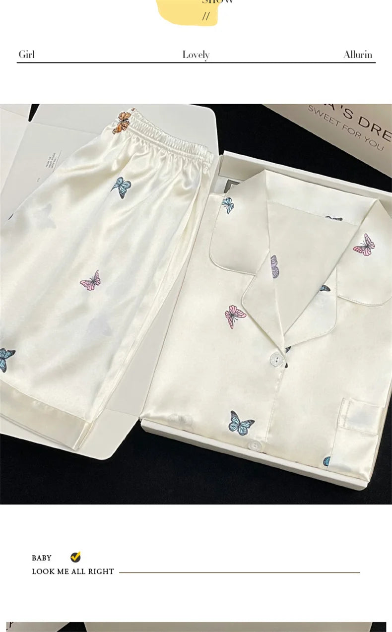 Ensemble Pyjama Femme 2 Pièces Imprimé Papillon — Satin Soie, Manches Courtes, Été
