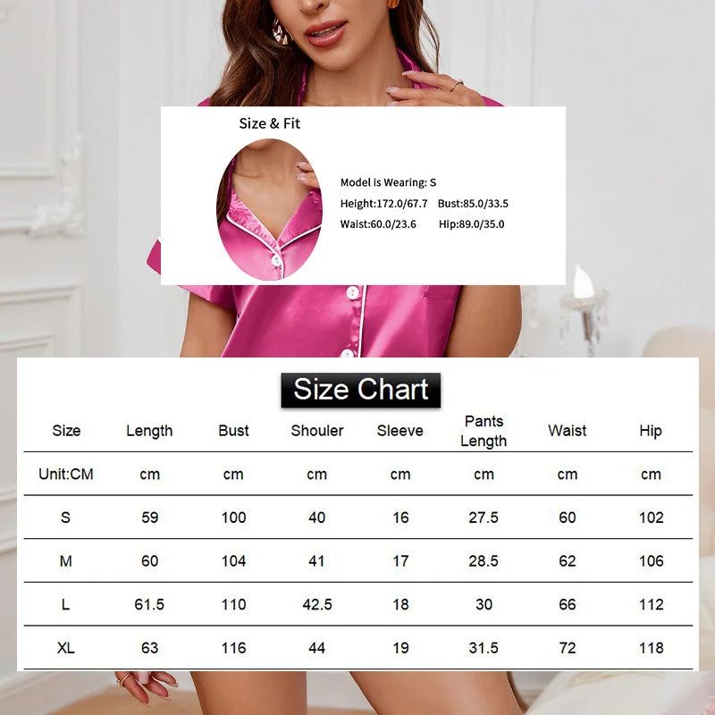 Pyjama Femme Satin Luxueux — 2 Pièces Manches Courtes, Col Chemise, Été