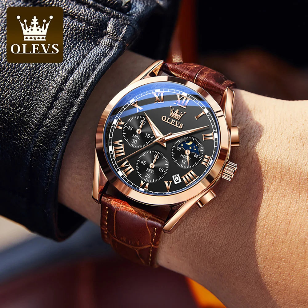Montre Homme OLEVS 2871 Chronographe Phase de Lune — Étanche, Multifonction, Quartz Luxe