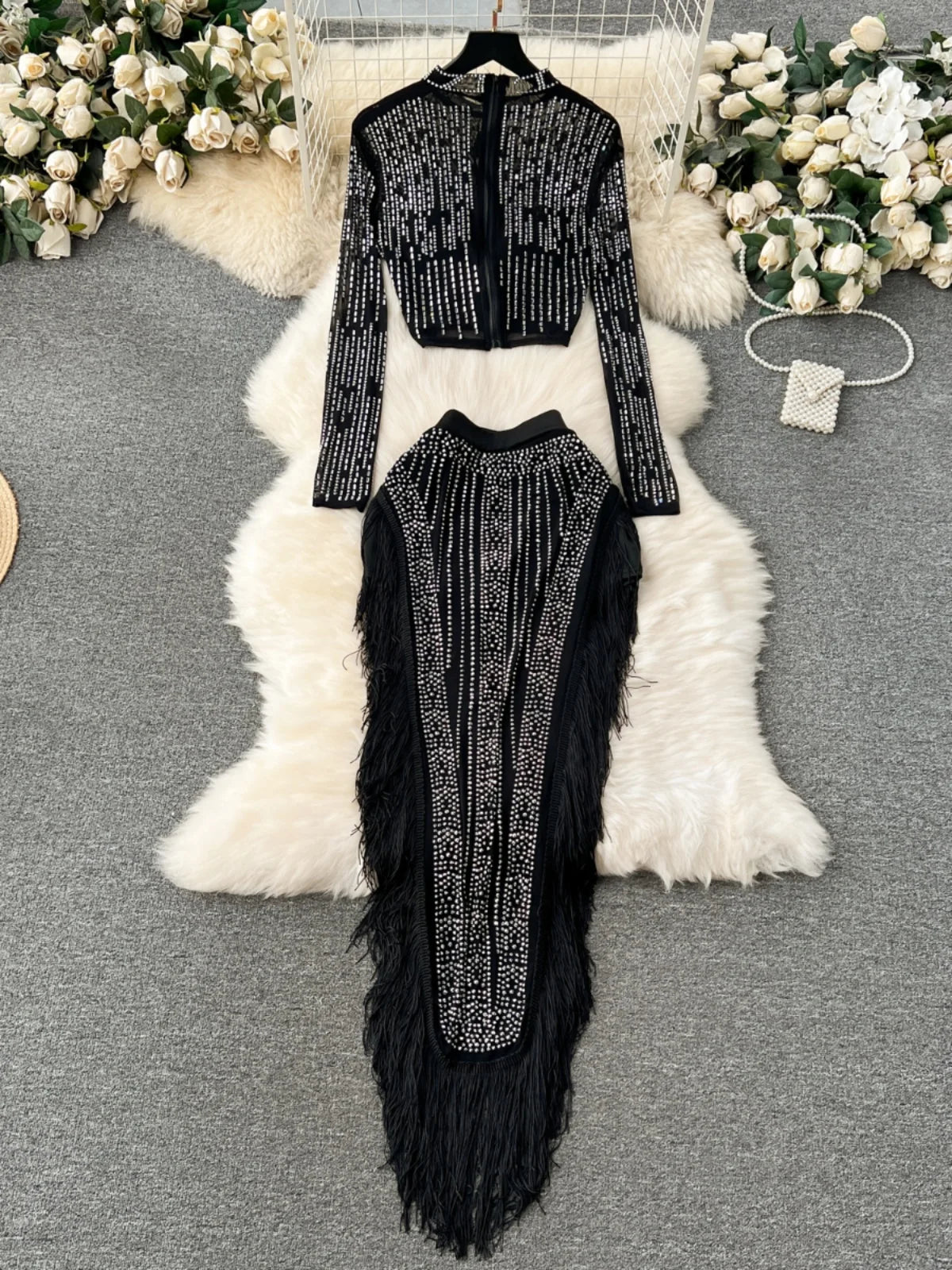 Ensemble Femme Manches Longues Sequins & Franges — Jupe Longue Tendance 2024