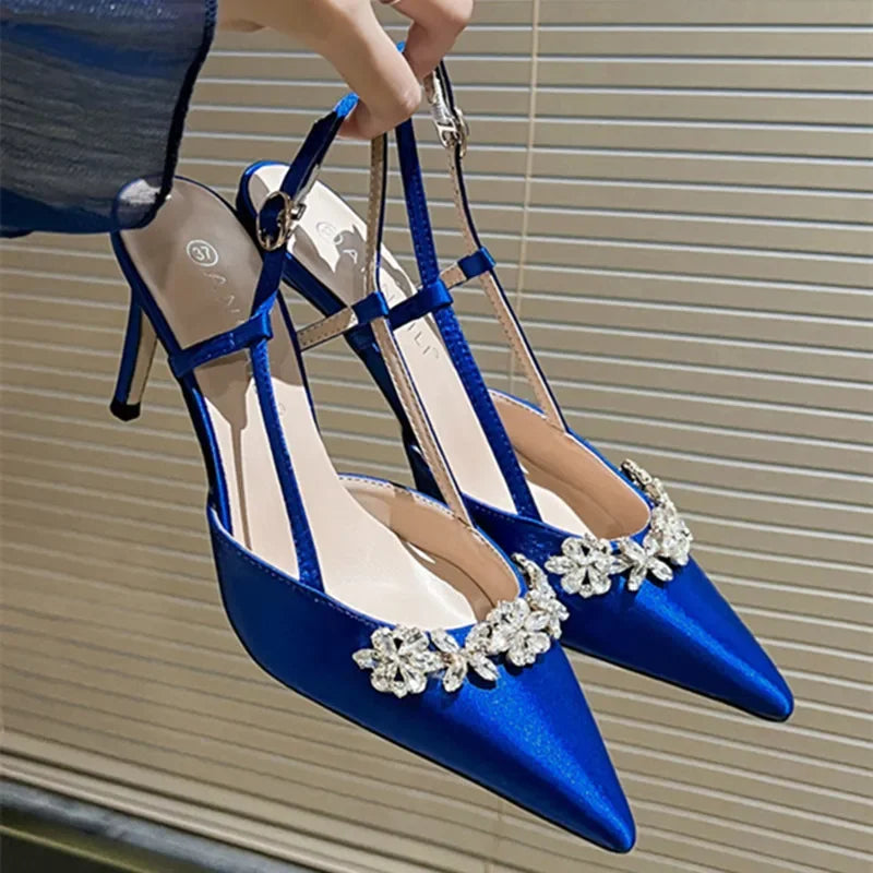 Escarpins Satin Strass Fleur Talon Haut Bleu — Bout Pointu, Bride Dos, Mariage Soirée