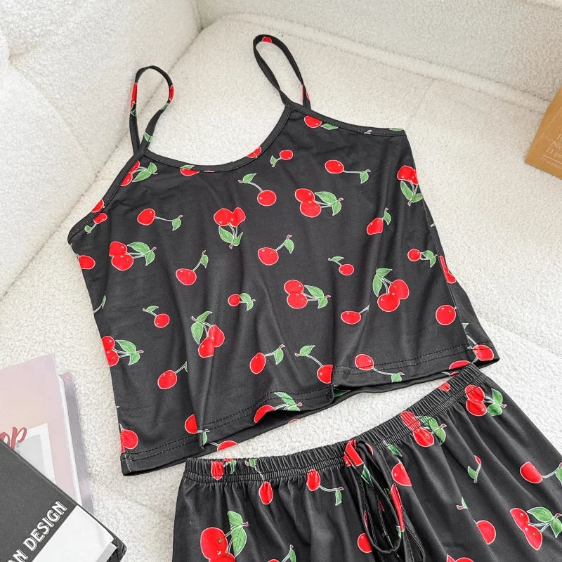 Pyjama Femme Soie Glacée Imprimé — Top Col Rond & Short, Respirant & Confortable