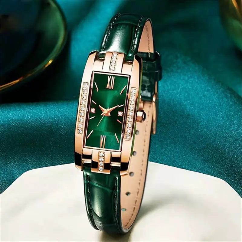Montre Femme Carrée Quartz — Bracelet Cuir Vert, Cadran Simple, Luxe Fashion
