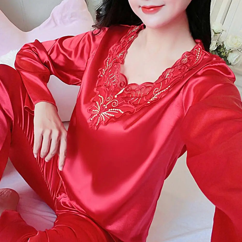 Pyjama Femme Soyeux Manches Longues 2025 — Col V, Dentelle Grande Taille, Lounge