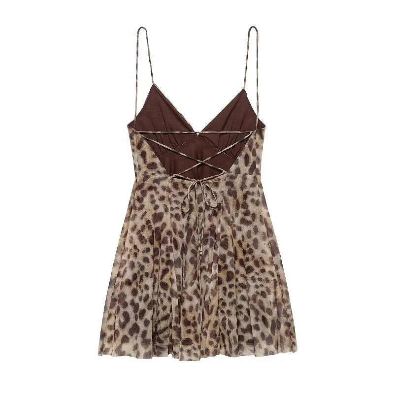 Robe Mini Tulle Léopard Femme 2025 — Dos Nu, Drapée, Soirée & Fête