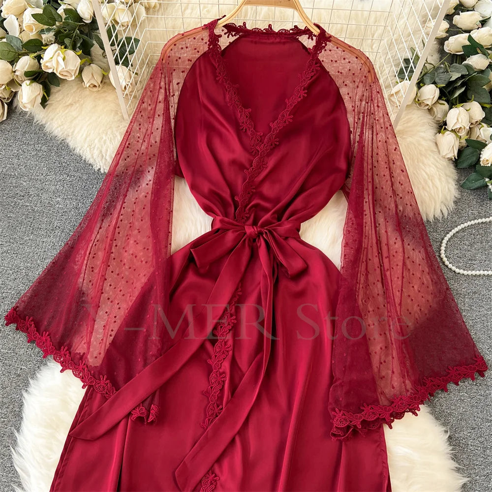 Robe de Chambre Kimono Dentelle Broderie — Longue, Satin Soie, Mariage & Nuit